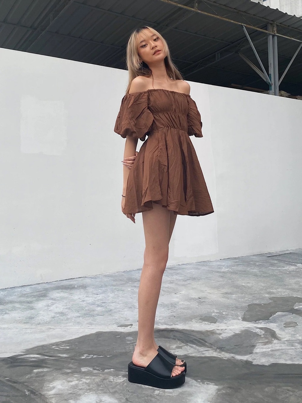 Princess Polly Brown Off-Shoulder Puff Sleeve Mini Dress